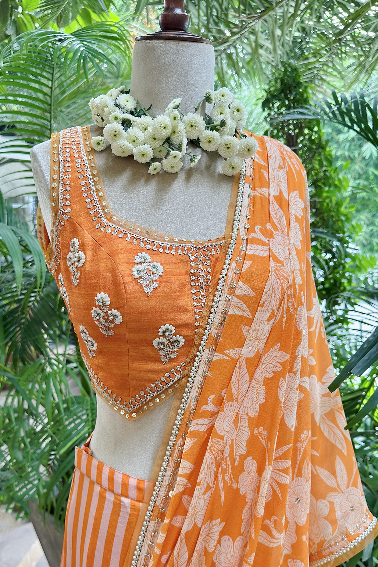 Orange Chiffon Draped Saree Set
