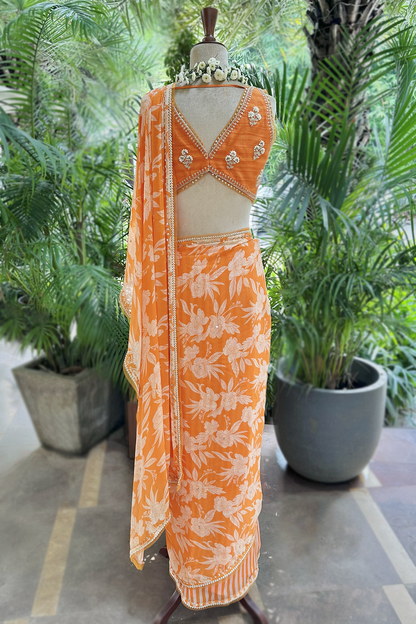 Orange Chiffon Draped Saree Set