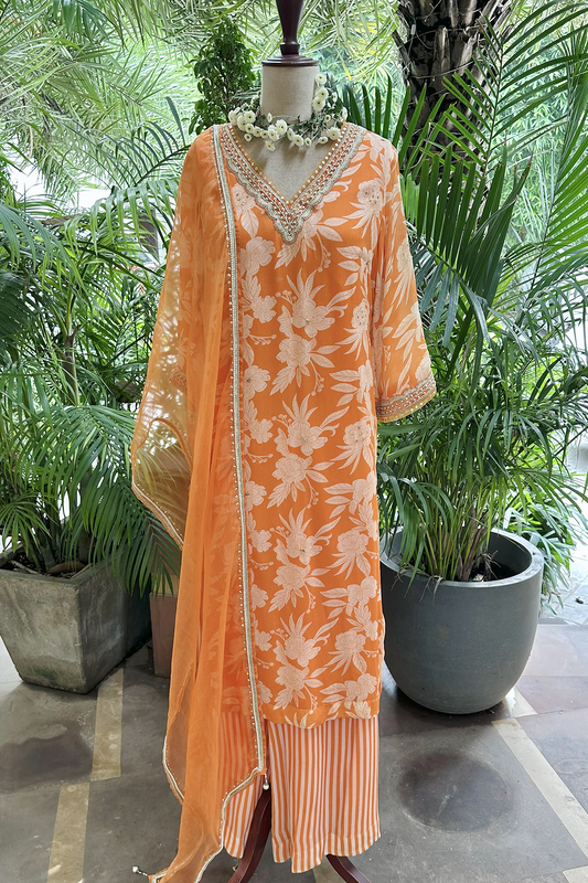 Orange Chiffon Straight Kurta Set