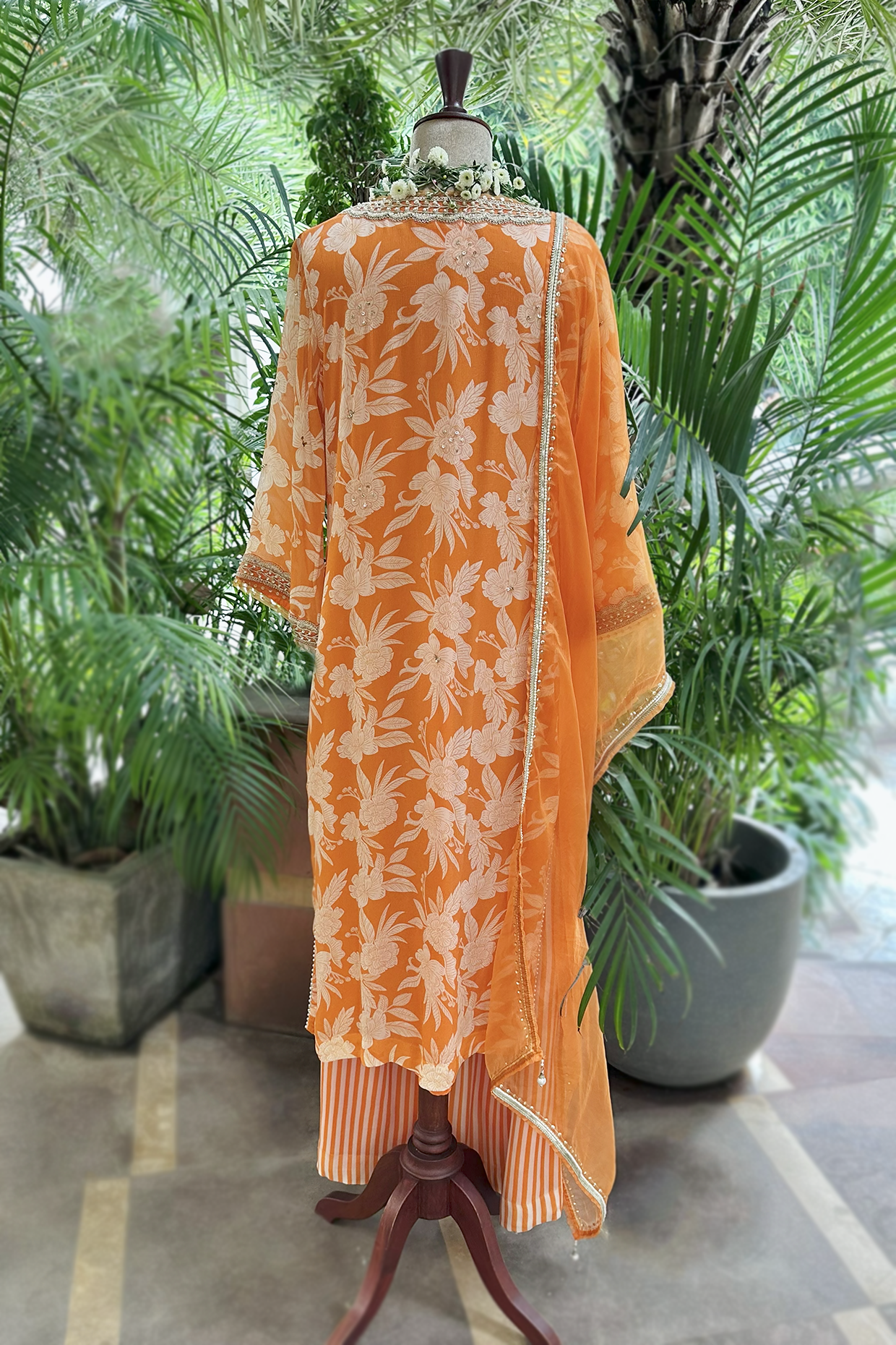 Orange Chiffon Straight Kurta Set