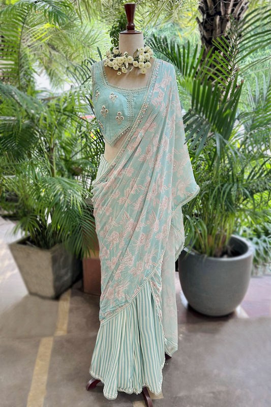 Aqua Chiffon Draped Saree Set
