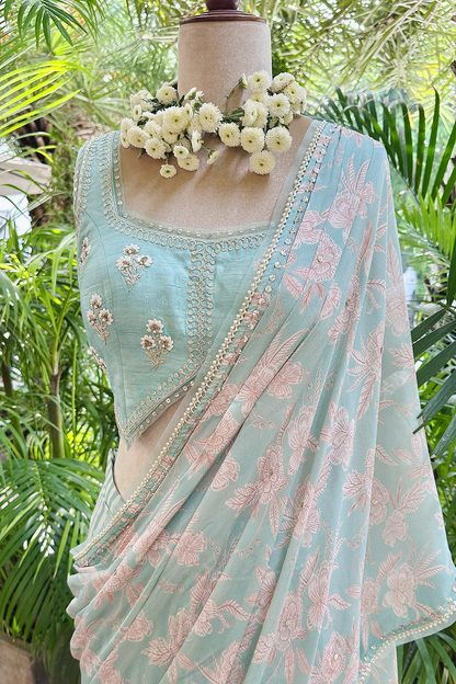 Aqua Chiffon Draped Saree Set