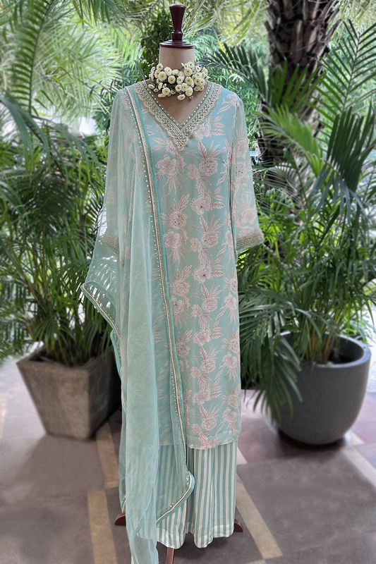 Aqua Chiffon Straight Kurta Set