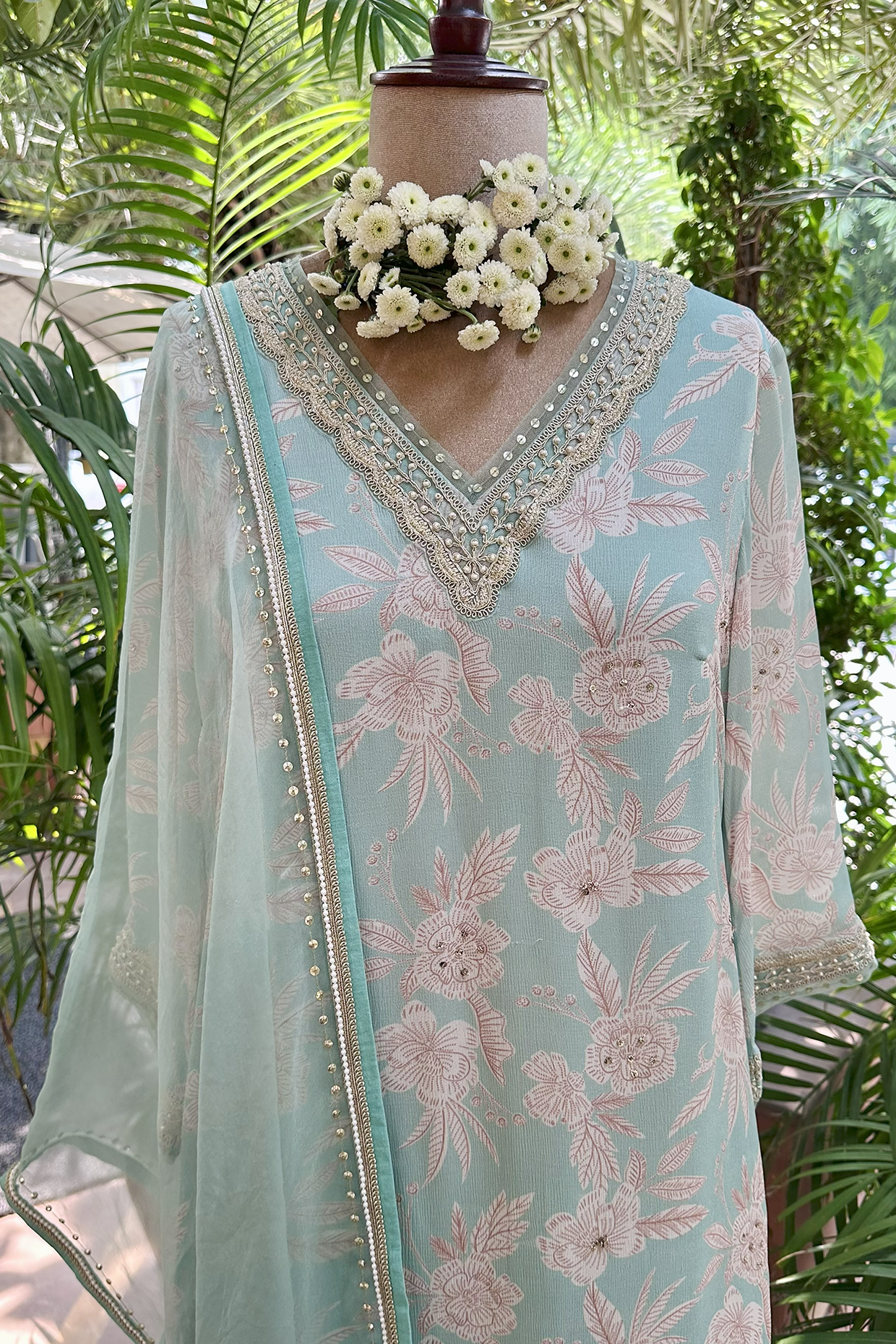 Aqua Chiffon Straight Kurta Set