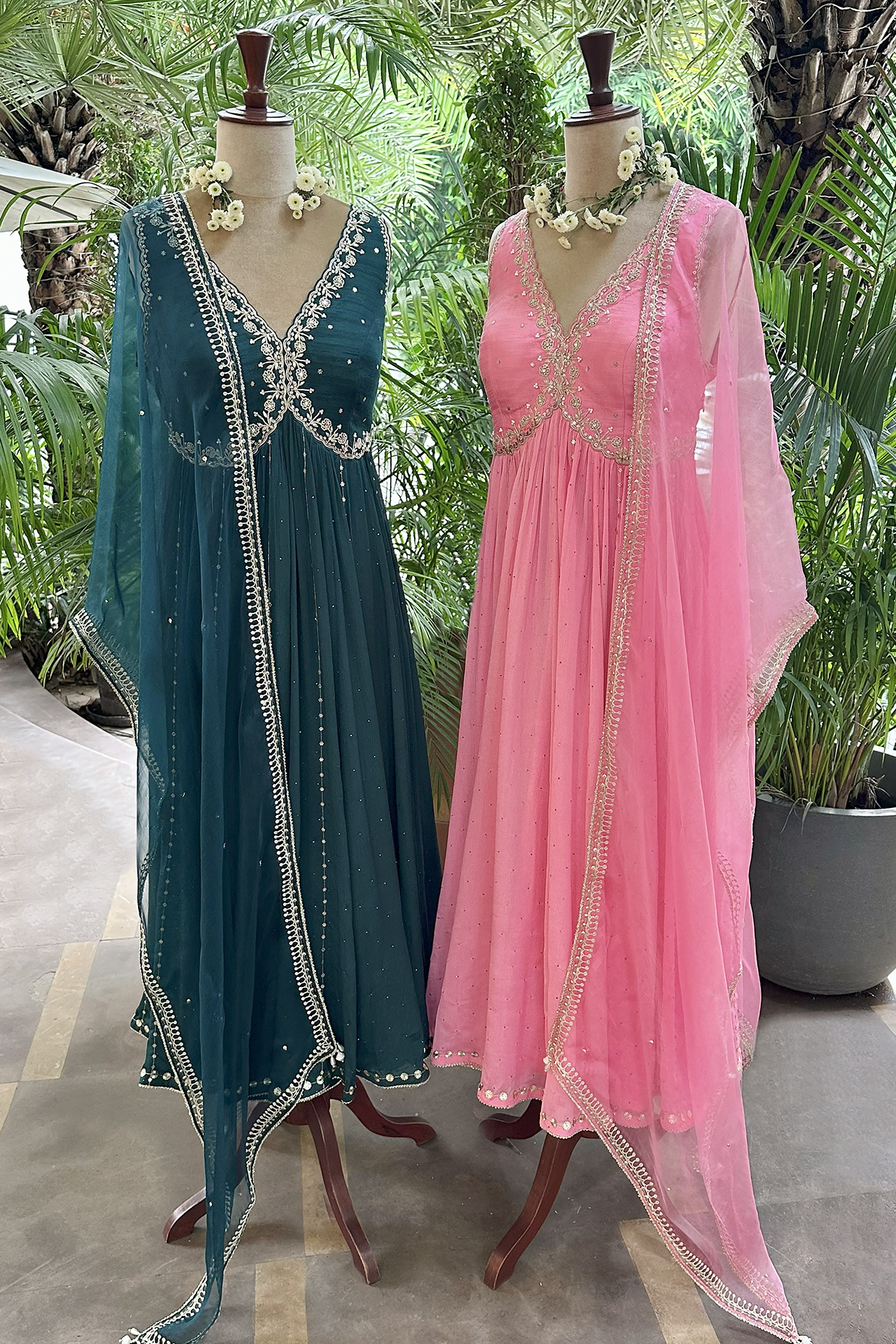Teal Silk Embroidered Anarkali Set