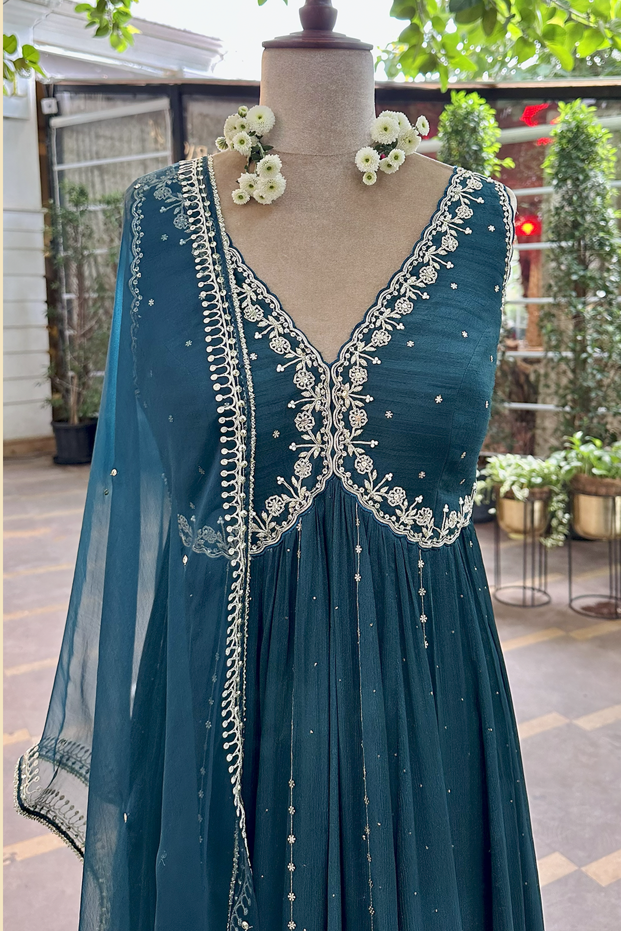 Teal Silk Embroidered Anarkali Set