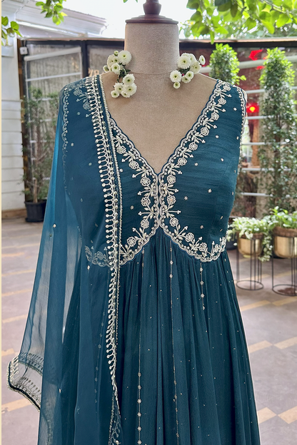 Teal Silk Embroidered Anarkali Set