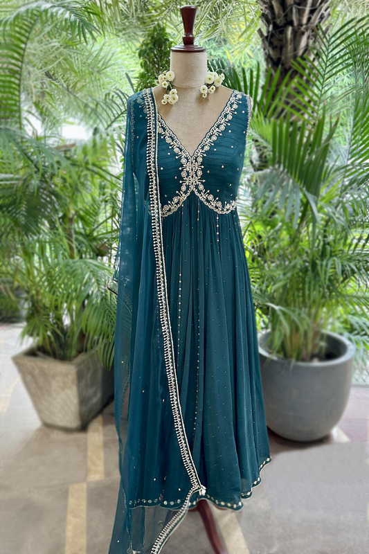 Teal Silk Embroidered Anarkali Set