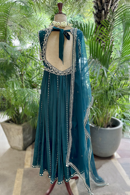 Teal Silk Embroidered Anarkali Set