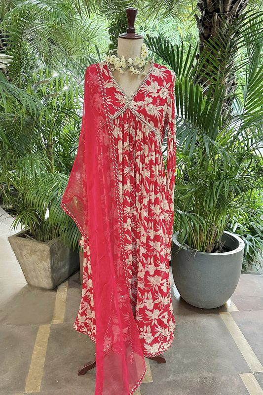 Cherry Red Crepe Printed Anarkali Set