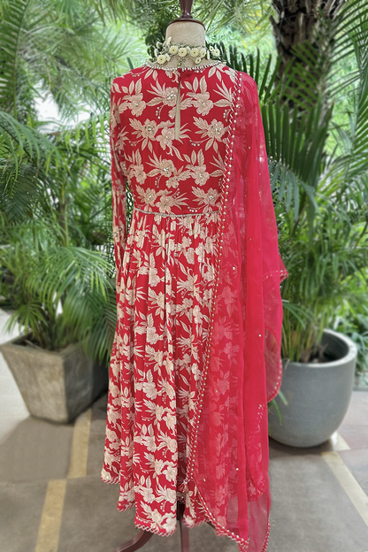 Cherry Red Crepe Printed Anarkali Set