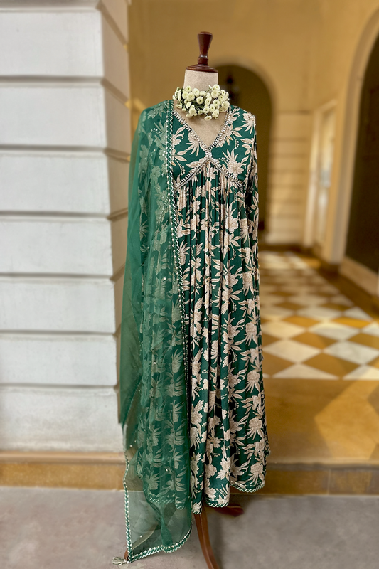 Bottle Green Crepe Printed Anarkali Set