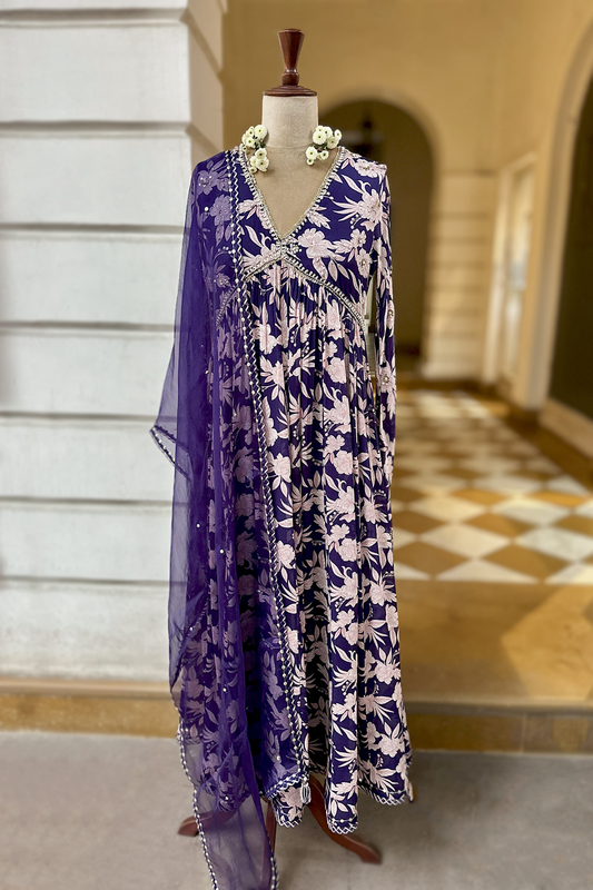 Royal Purple Crepe Printed Anarkali Set