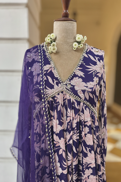 Royal Purple Crepe Printed Anarkali Set