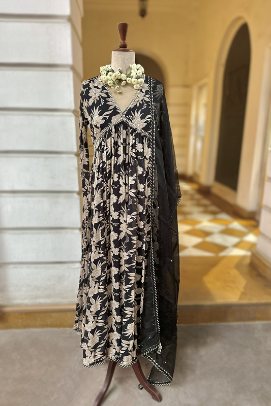 Charcoal Black Crepe Printed Anarkali Set