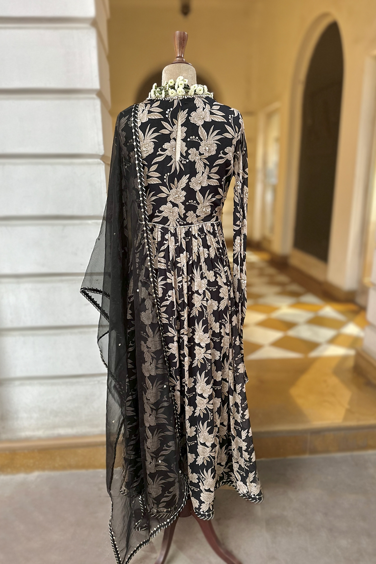 Charcoal Black Crepe Printed Anarkali Set