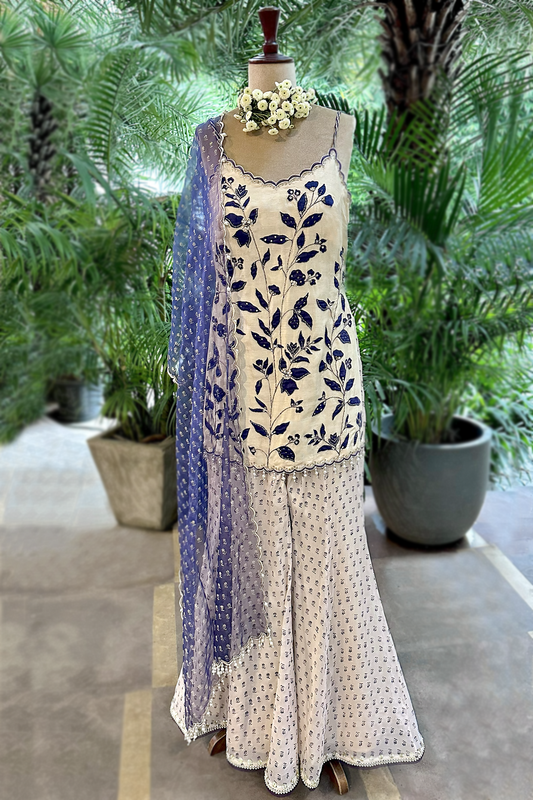 Ecru Silk Embroidered Sharara Set
