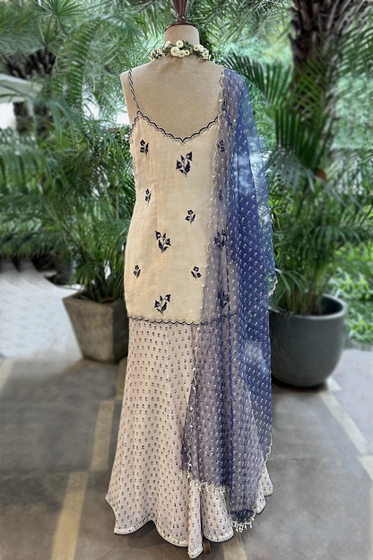 Ecru Silk Embroidered Sharara Set