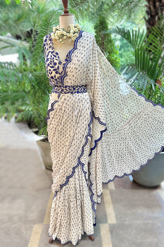 Ecru Georgette Draped Saree Set