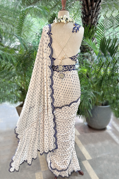 Ecru Georgette Draped Saree Set