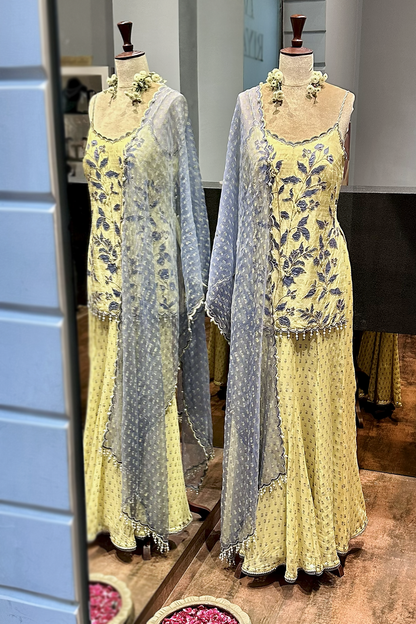 Butter Yellow Silk Embroidered Sharara Set
