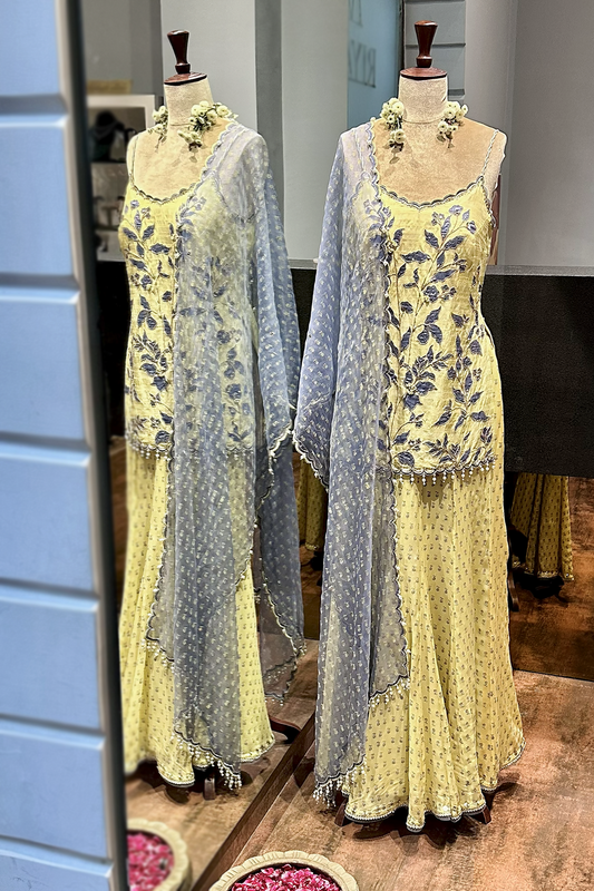 Butter Yellow Silk Embroidered Sharara Set