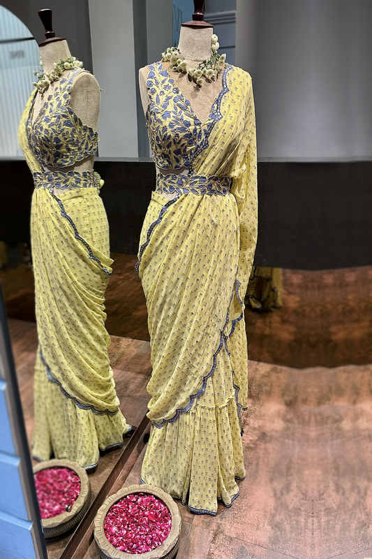 Butter Yellow Georgette Draped Saree Set