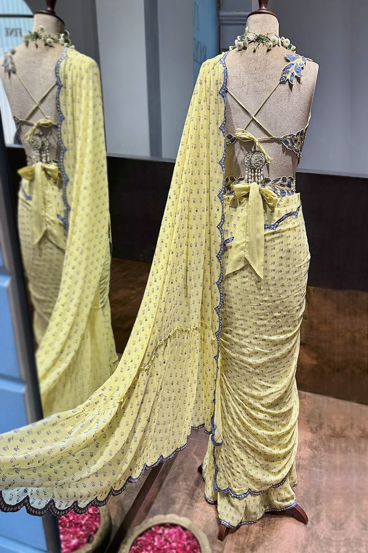 Butter Yellow Georgette Draped Saree Set