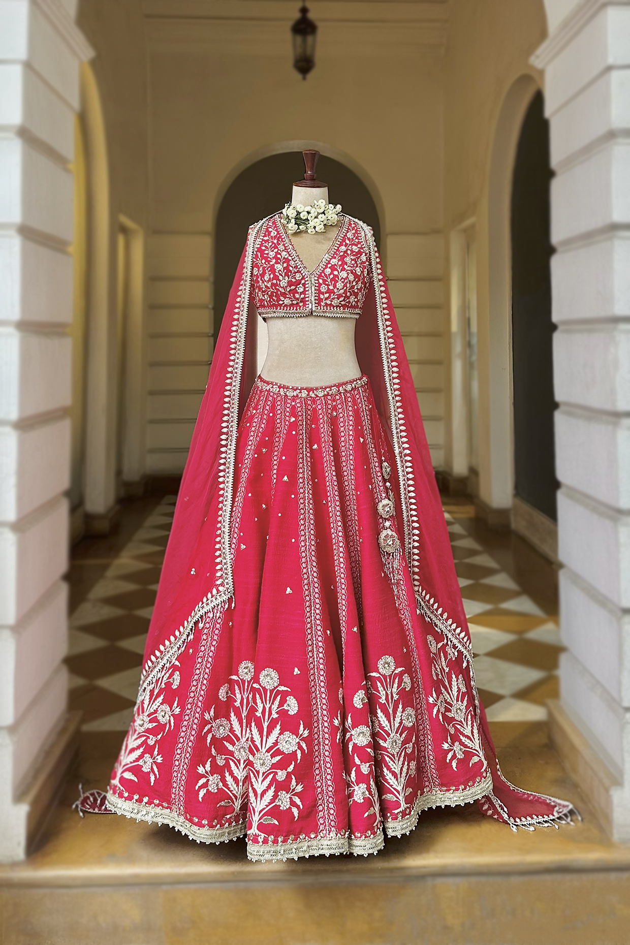 Cherry Red Silk Embroidered Lehenga Set