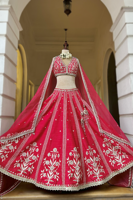 Cherry Red Silk Embroidered Lehenga Set