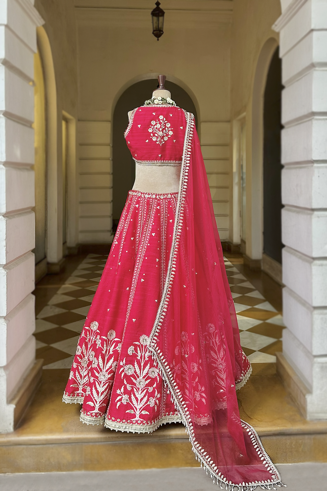 Cherry Red Silk Embroidered Lehenga Set