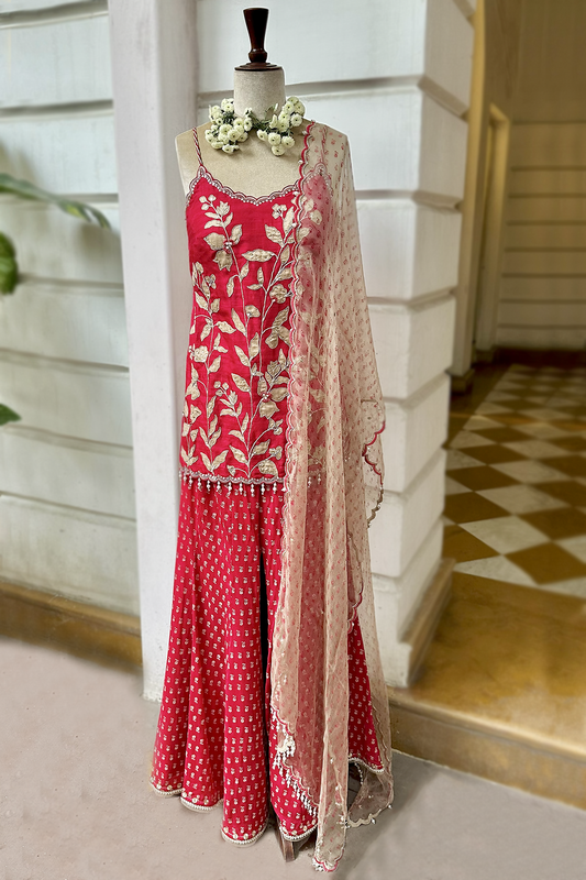 Cherry Red Silk Embroidered Sharara Set