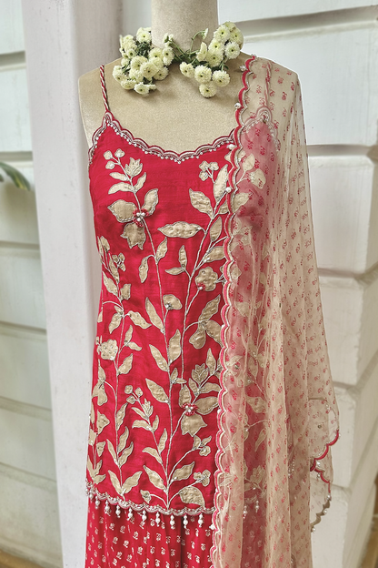Cherry Red Silk Embroidered Sharara Set