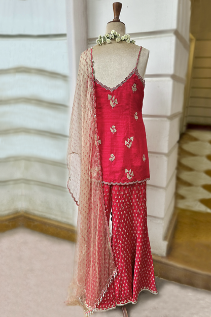 Cherry Red Silk Embroidered Sharara Set