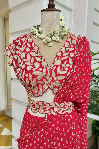 Cherry Red Georgette Draped Saree Set