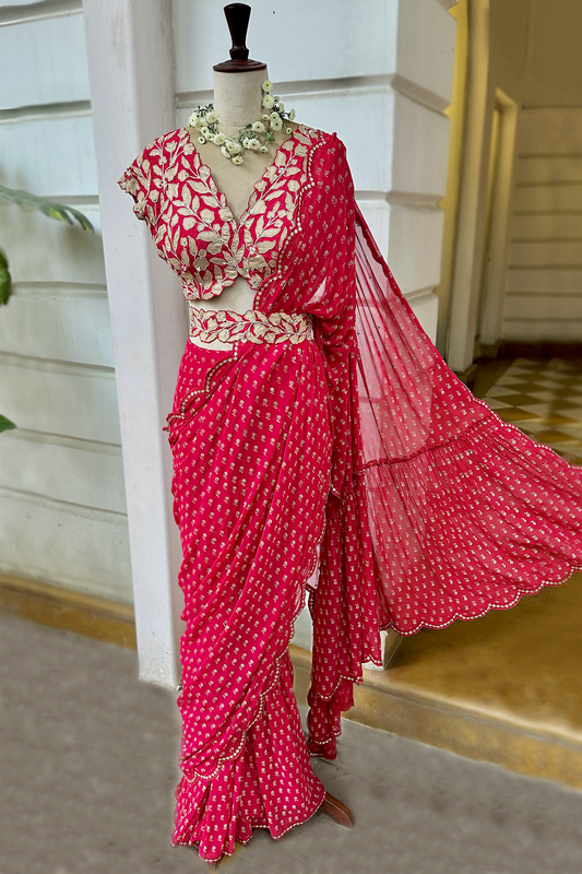 Cherry Red Georgette Draped Saree Set