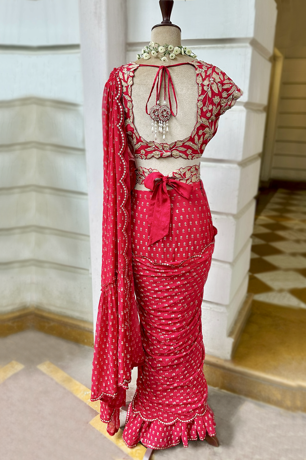 Cherry Red Georgette Draped Saree Set