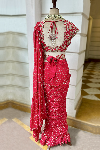 Cherry Red Georgette Draped Saree Set