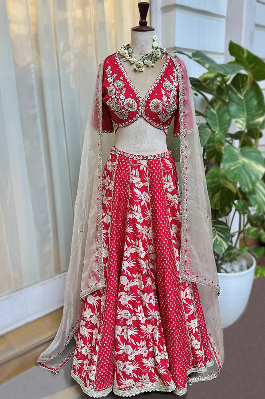 Cherry Red Silk Embroidered Concept Lehenga Set