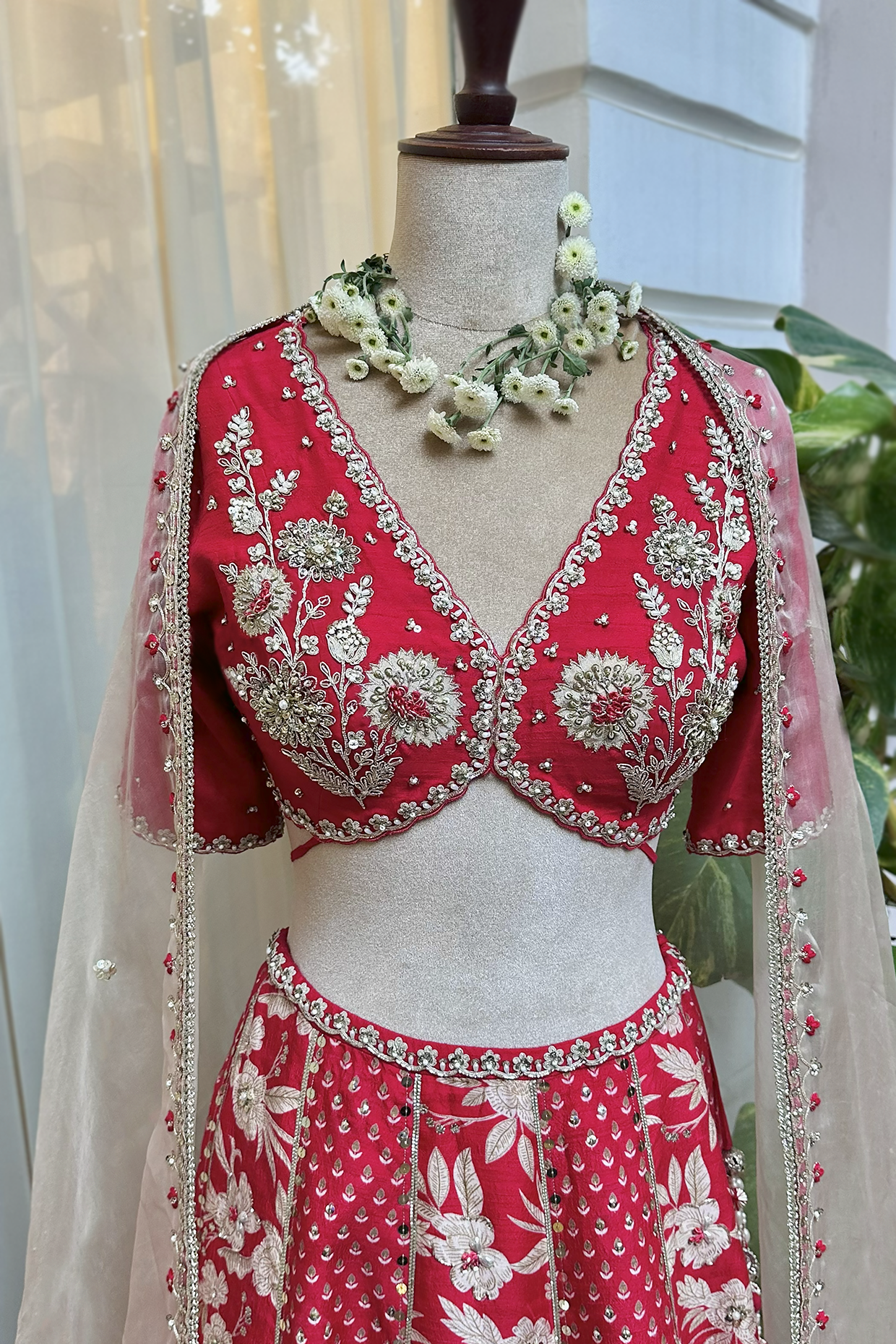 Cherry Red Silk Embroidered Concept Lehenga Set