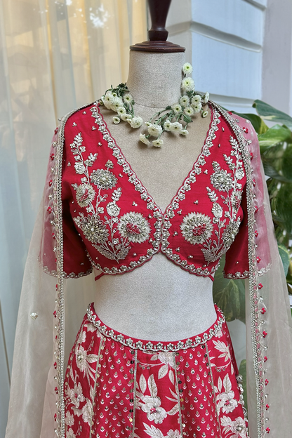 Cherry Red Silk Embroidered Concept Lehenga Set