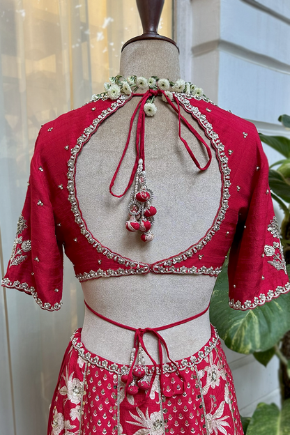Cherry Red Silk Embroidered Concept Lehenga Set