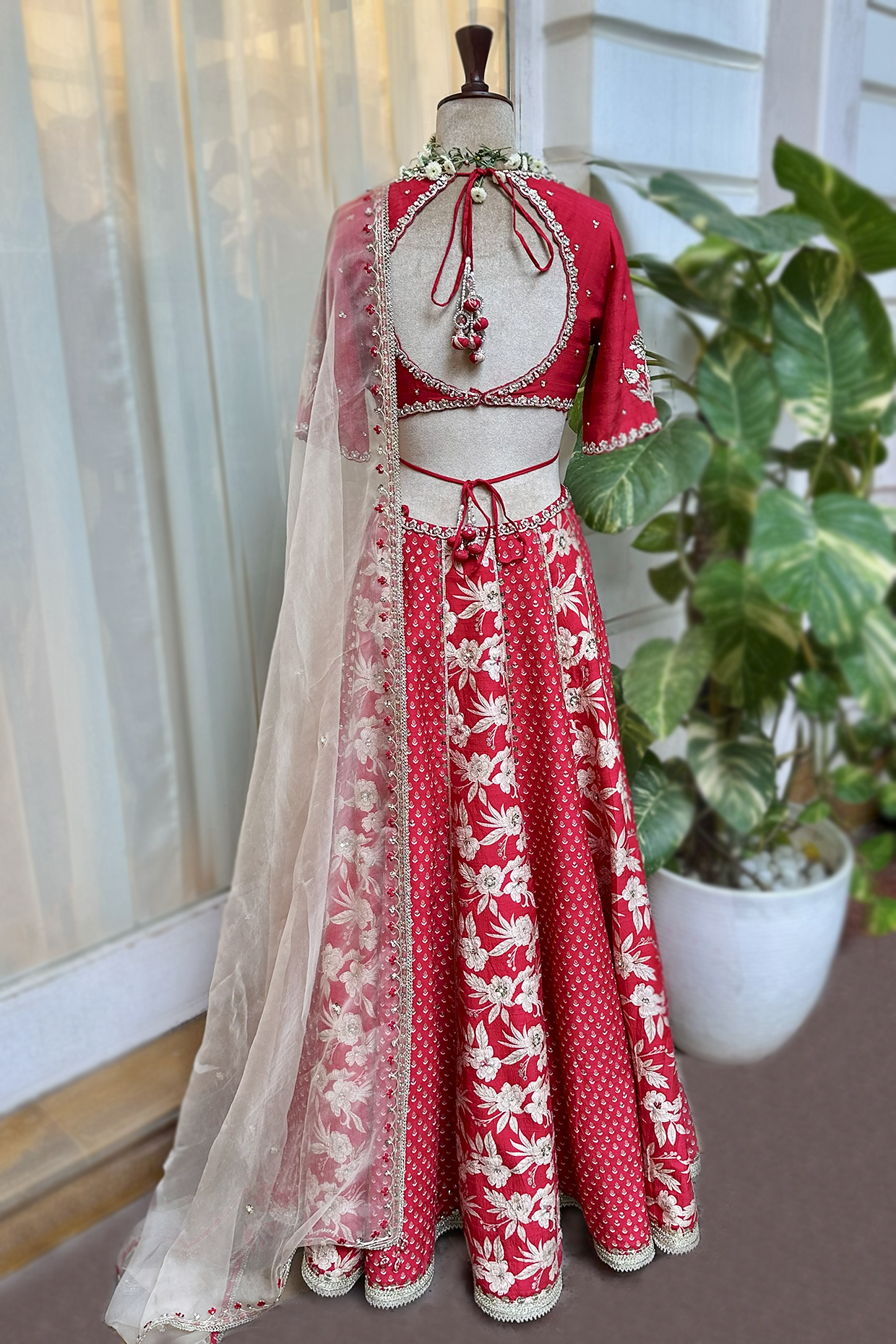 Cherry Red Silk Embroidered Concept Lehenga Set
