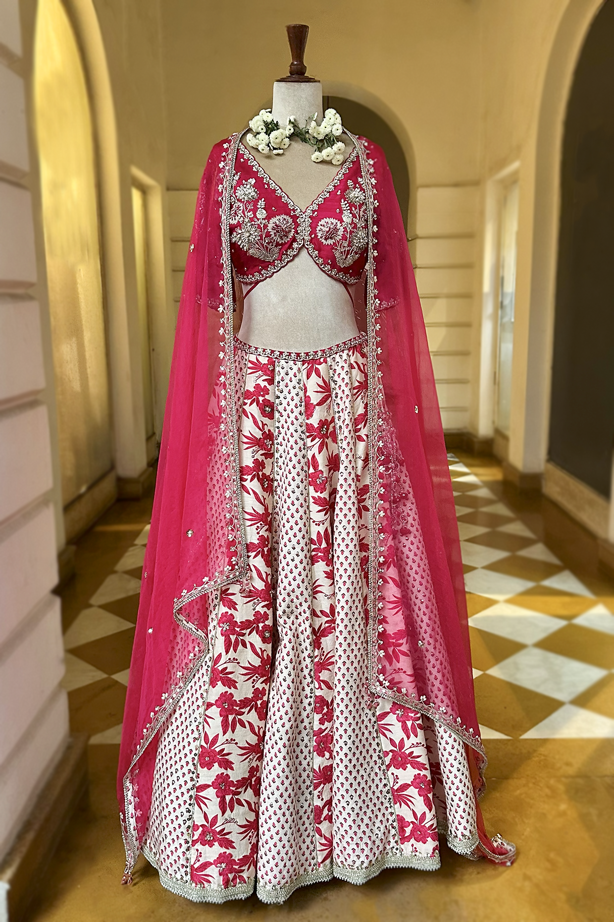 Ecru-Crimson Silk Embroidered Concept Lehenga Set