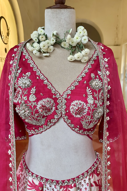 Ecru-Crimson Silk Embroidered Concept Lehenga Set