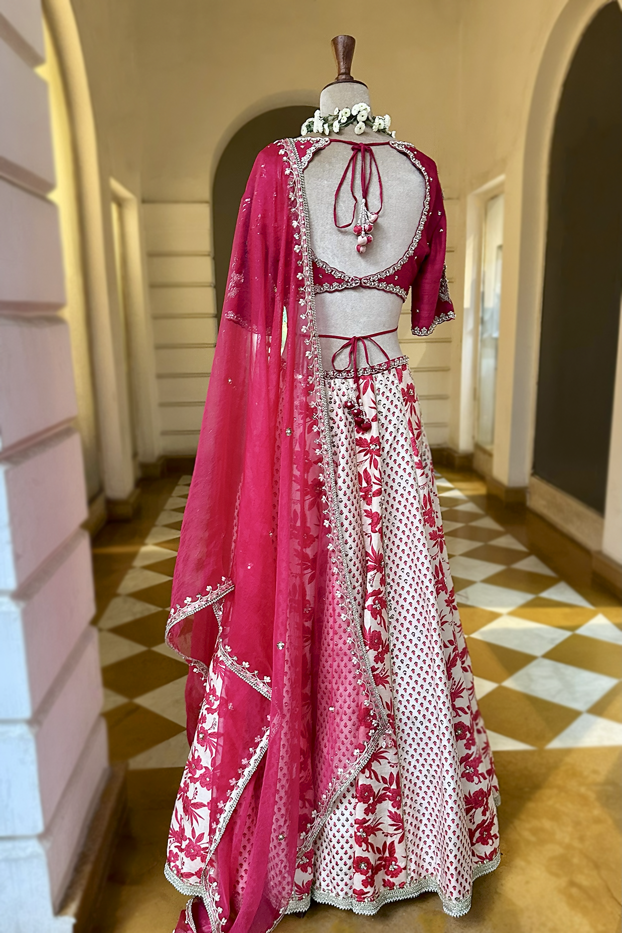 Ecru-Crimson Silk Embroidered Concept Lehenga Set
