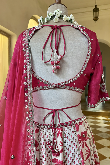 Ecru-Crimson Silk Embroidered Concept Lehenga Set