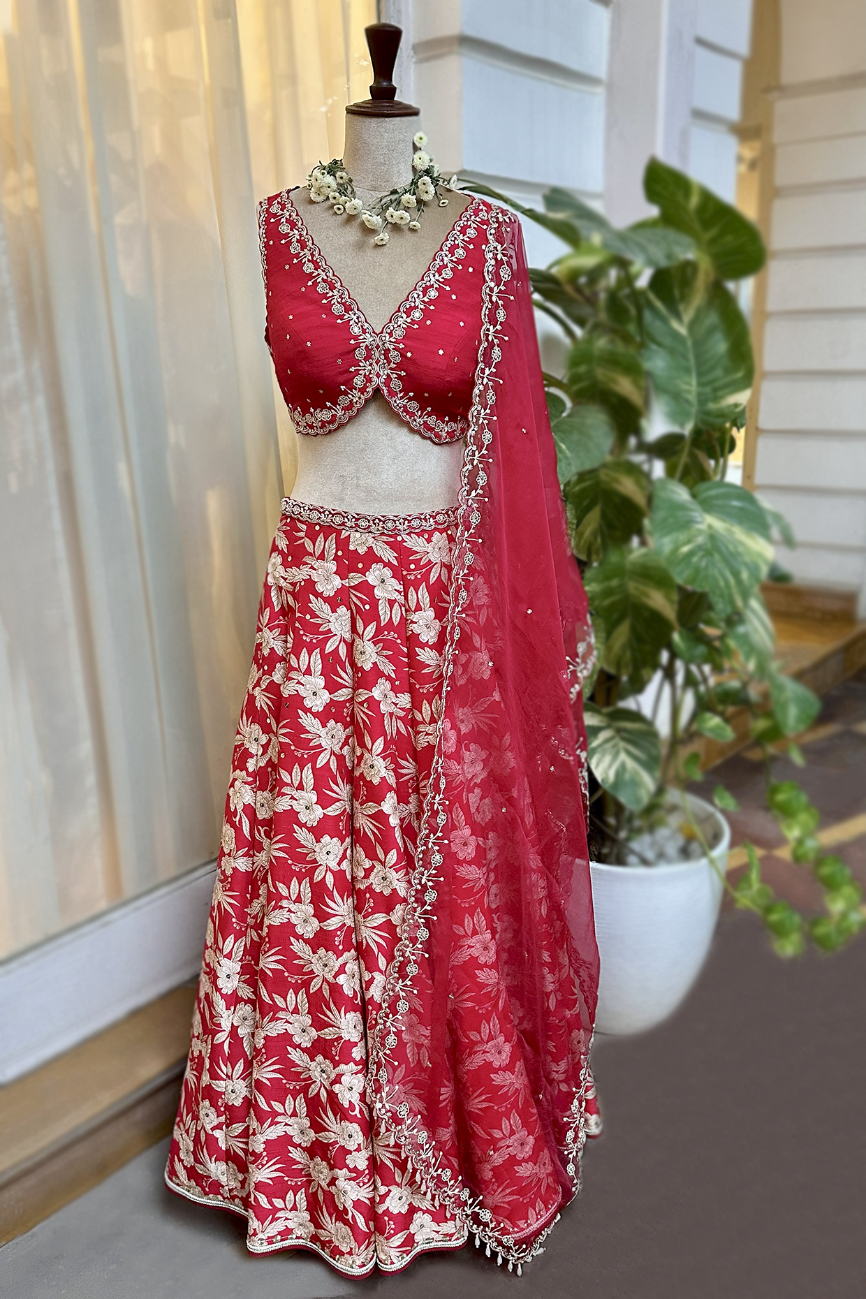 Cherry Red Silk Printed & Embroidered Lehenga Set