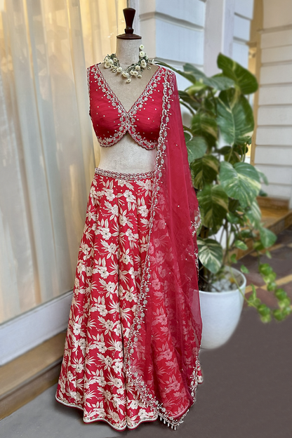 Cherry Red Silk Printed & Embroidered Lehenga Set