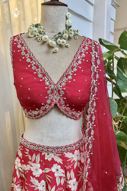 Cherry Red Silk Printed & Embroidered Lehenga Set